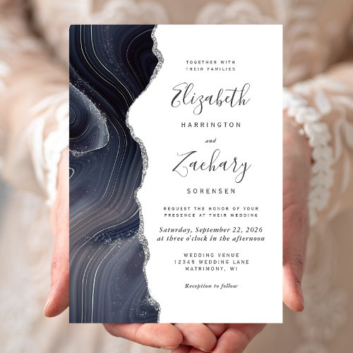 Moody Dark Agate Silver Glitter Wedding Invitation