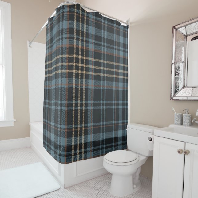 Moody Dark Blue Plaid Shower Curtain (In Situ)