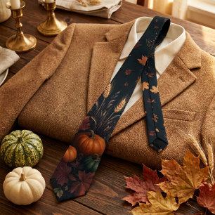 Moody Dark Botanical Pumpkin Autumn Thanksgiving Neck Tie
