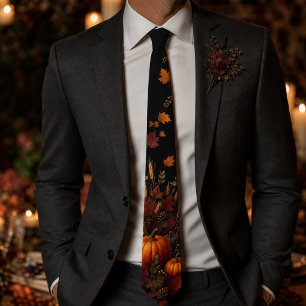 Moody Dark Botanical Pumpkin Autumn Thanksgiving Neck Tie