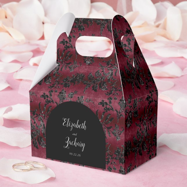 Moody Dark Burgundy Black Damask Arch Favor Box (Wedding)