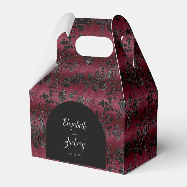 Moody Dark Burgundy Black Damask Arch Favor Box (Front Side)