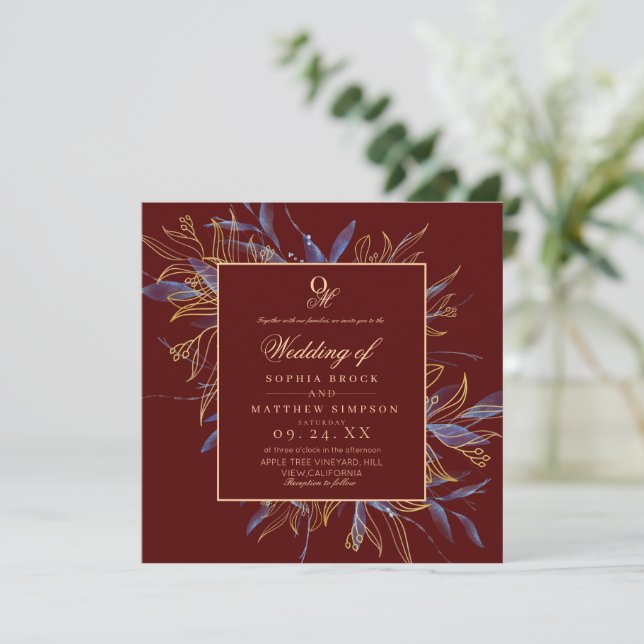 Moody Dark Burgundy Floral Wedding Invitation (Standing Front)
