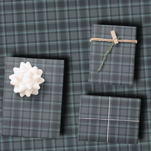 Moody Dark Charcoal Grey and Teal Tartan Plaid Wrapping Paper Sheets (Creator Uploaded)