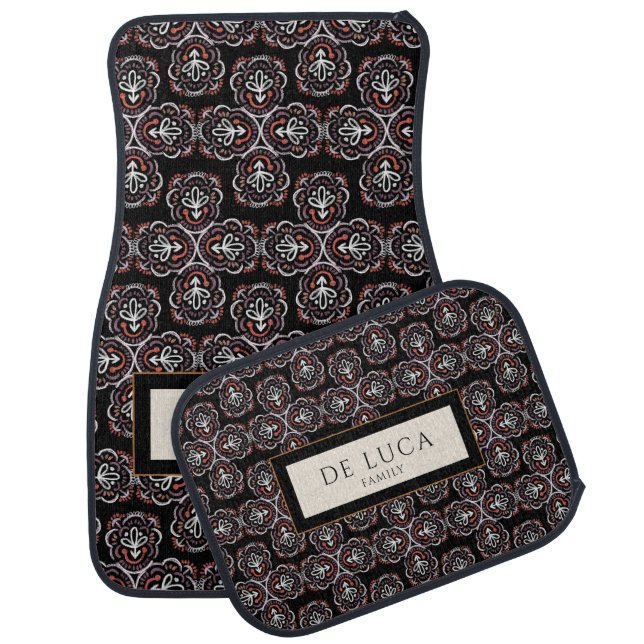 Moody Dark Damask Floral Pattern Custom Name Car Floor Mat (Set)