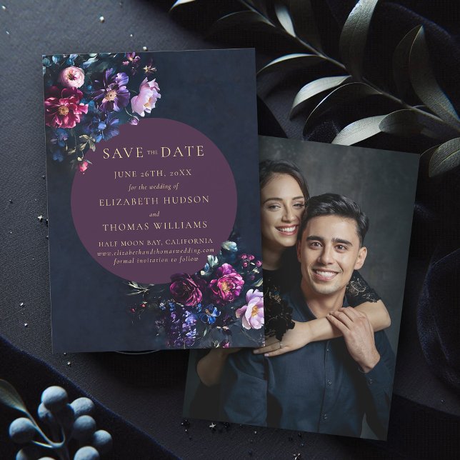 Moody Dark Elegant Floral Purple Photo Wedding Save The Date (wedding save the date moody dark romantic gothic floral navy blue purple jewel tone photo template)