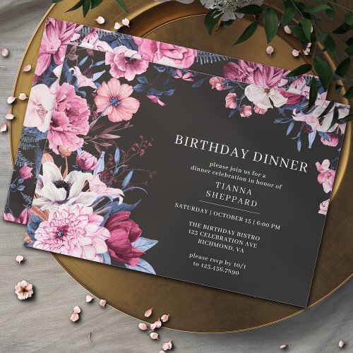 Moody Dark Floral  Black and Pink Birthday Dinner Invitation