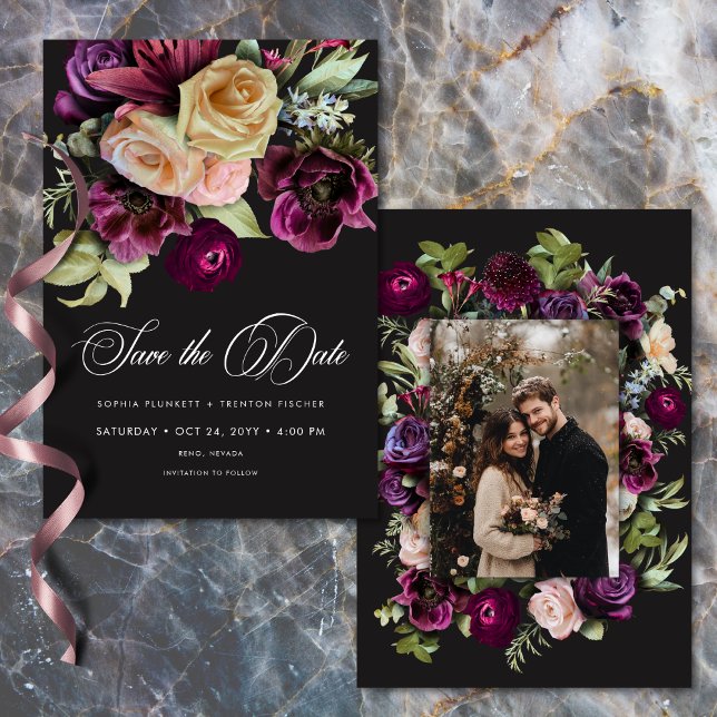 Moody Dark Floral Black Burgundy Romantic Photo Save The Date (Moody Dark Floral Black Burgundy Romantic Photo Wedding Save The Date)