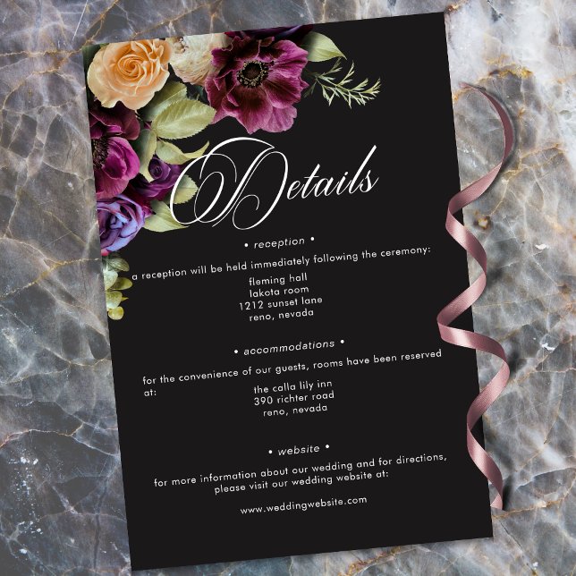 Moody Dark Floral Black Burgundy Romantic Wedding Enclosure Card (Moody Dark Floral Black Burgundy Romantic Wedding Enclosure Card)