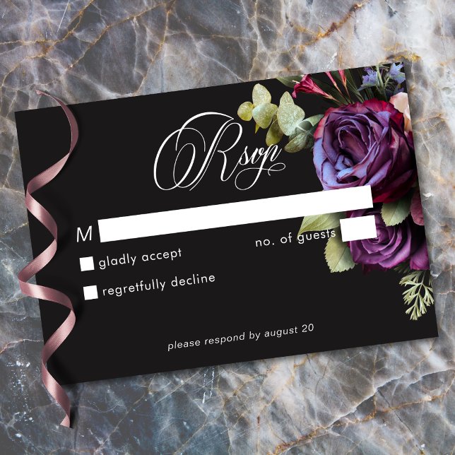 Moody Dark Floral Black Burgundy Romantic Wedding RSVP Card (Moody Dark Floral Black Burgundy Romantic Wedding RSVP Card)