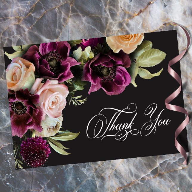 Moody Dark Floral Black Burgundy Romantic Wedding  Thank You Card (Moody Dark Floral Black Burgundy Romantic Wedding Thank You Card)