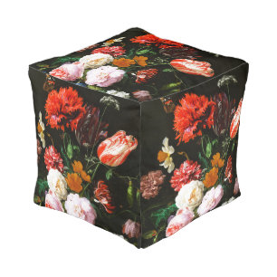 Moody Dark Floral Botanical Fine Art Print Pouf