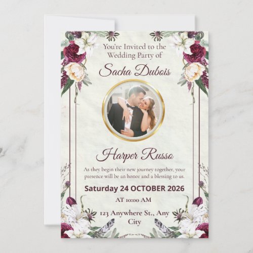 Moody Dark Floral Burgundy and Gold Photo Wedding Invitation