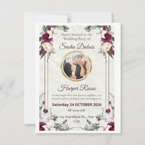 Moody Dark Floral Burgundy and Gold Photo Wedding RSVP Card