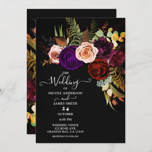 Moody Dark Floral Greenery Bold Color Chic Wedding Invitation