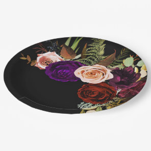 Moody Dark Floral Greenery Bold Color Chic Wedding Paper Plates