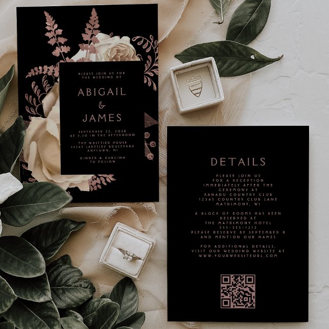 Moody Dark Floral Ivory Rose Gold QR Code Wedding Invitation (Creator Uploaded)