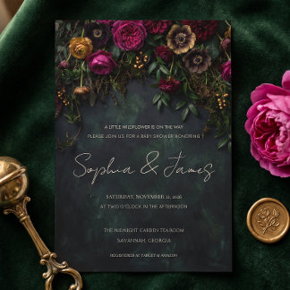 Moody Dark Floral Midnight Garden Baby Shower Invi Invitation