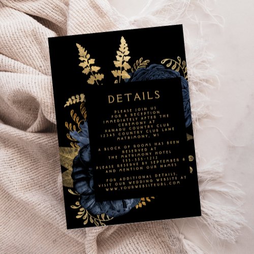 Moody Dark Floral Navy Blue Gold Wedding Details Enclosure Card