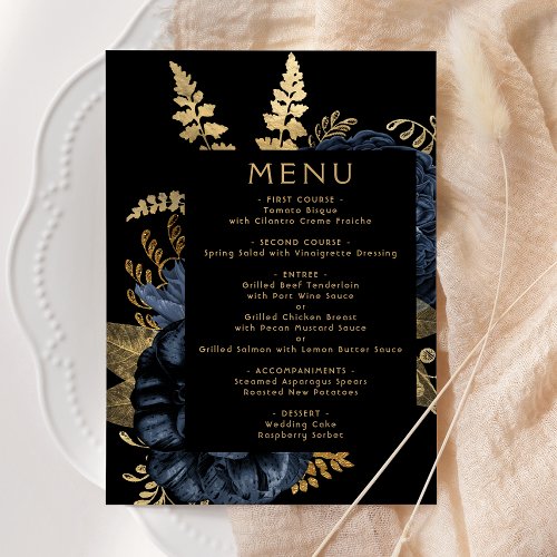 Moody Dark Floral Navy Blue Gold Wedding Menu