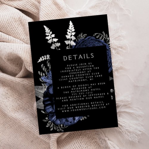 Moody Dark Floral Navy Blue Silver Wedding Details Enclosure Card