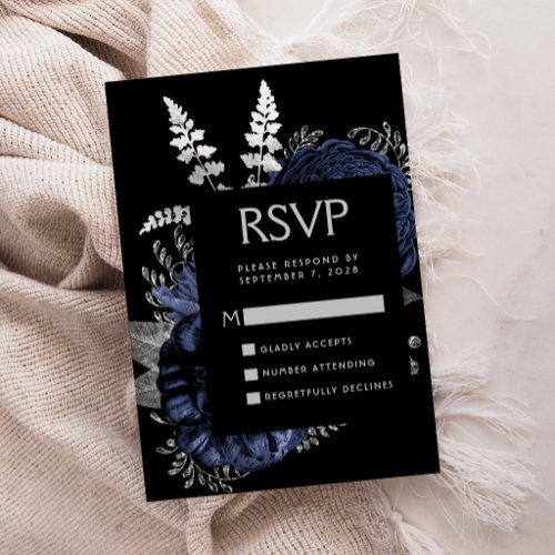 Moody Dark Floral Navy Blue Silver Wedding RSVP Enclosure Card