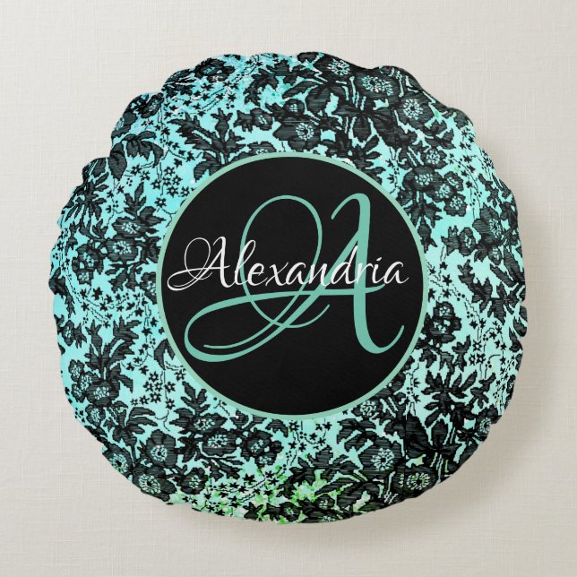 Moody Dark Floral on Turquoise Monogram  Round Pillow (Front)