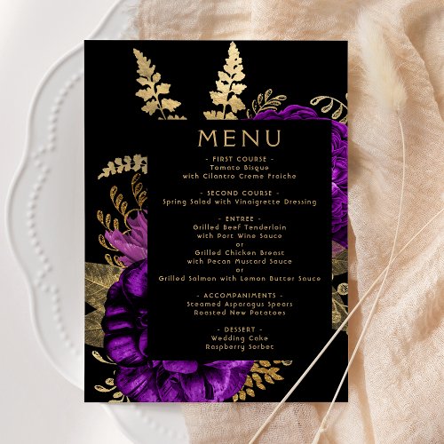 Moody Dark Floral Purple Gold Wedding Menu