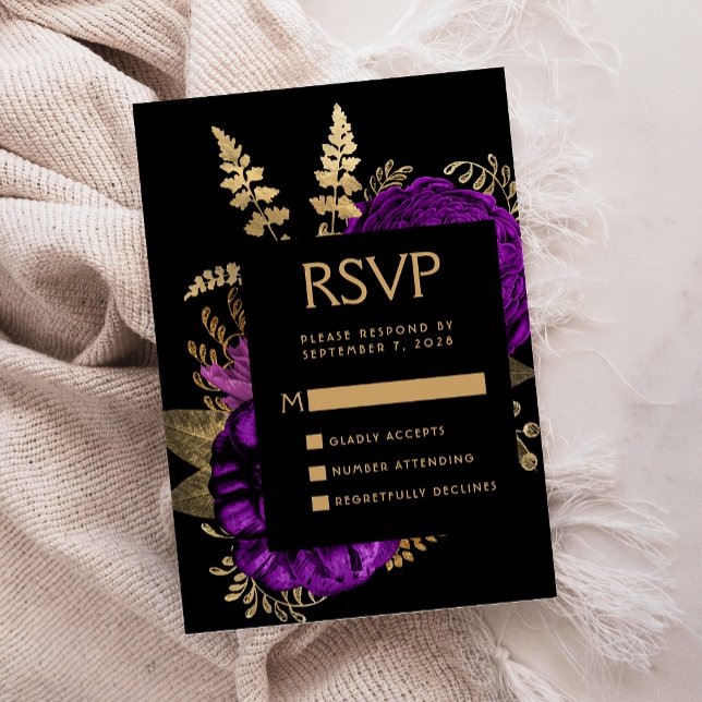 Moody Dark Floral Purple Gold Wedding RSVP Enclosure Card (Creator Uploaded)