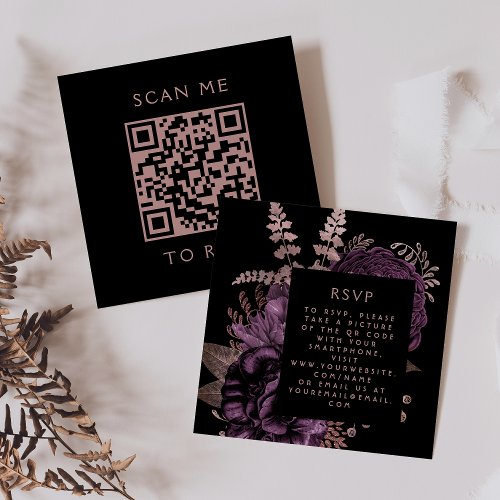 Moody Dark Floral Purple Rose Gold QR Code RSVP Enclosure Card