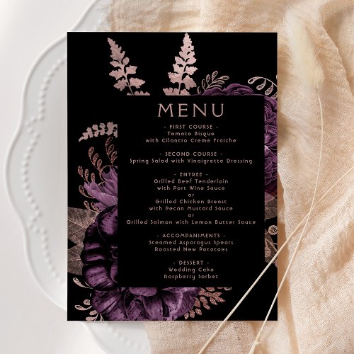 Moody Dark Floral Purple Rose Gold Wedding Menu