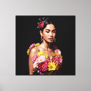 Moody Dark Floral Surreal Woman Portrait Art Canvas Print