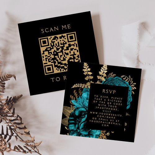 Moody Dark Floral Turquoise Gold QR Code RSVP Enclosure Card