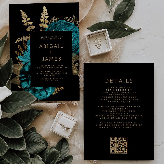 Moody Dark Floral Turquoise Gold QR Code Wedding Invitation (Creator Uploaded)
