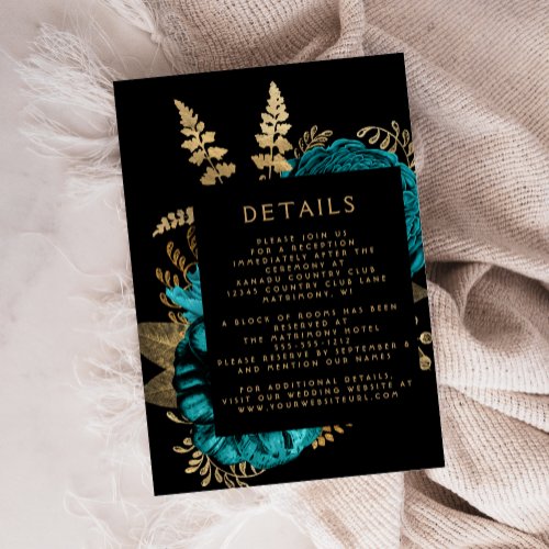 Moody Dark Floral Turquoise Gold Wedding Details Enclosure Card