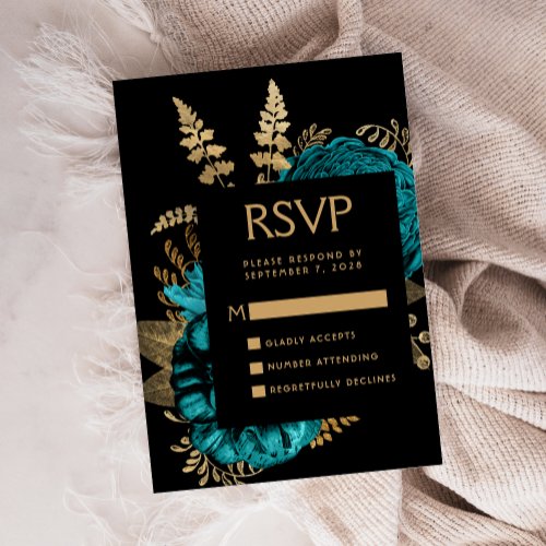 Moody Dark Floral Turquoise Gold Wedding RSVP Enclosure Card