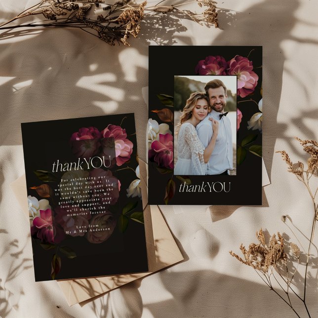 Moody Dark Floral Wedding Black Burgundy Chic Thank You Card (Creator Uploaded)