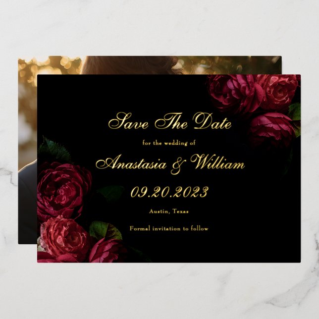 Moody Dark Floral Wedding Save The Date Photo Foil Invitation (Front/Back)