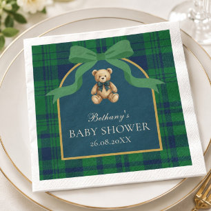 Moody Dark Forest Green Plaid Preppy Teddy Bear Napkins