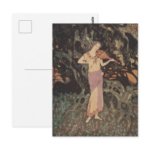 Moody Dark Forest Maiden Playing Violin Art Postcard