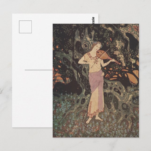 Moody Dark Forest Maiden Playing Violin Art Postcard (Front/Back)