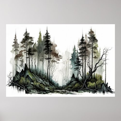 Moody Dark Forest Watercolor Poster