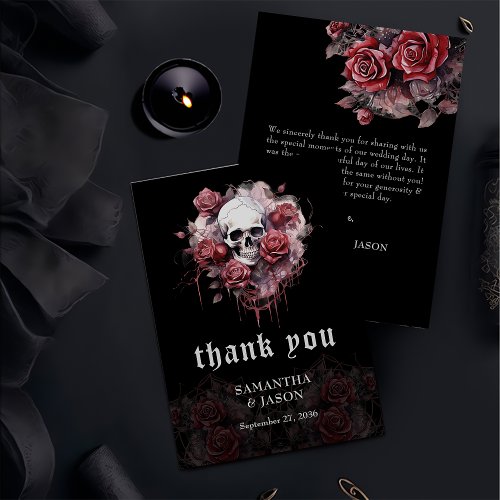 Moody Dark Gothic Floral Skull Halloween Wedding  Thank You Card
