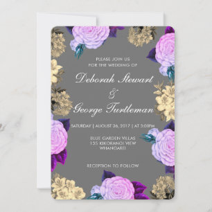 Moody Dark Gray Violet Floral Boho Charcoal Invitation