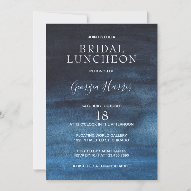 Moody Dark Navy Blue Watercolor Bridal Luncheon Invitation (Front)