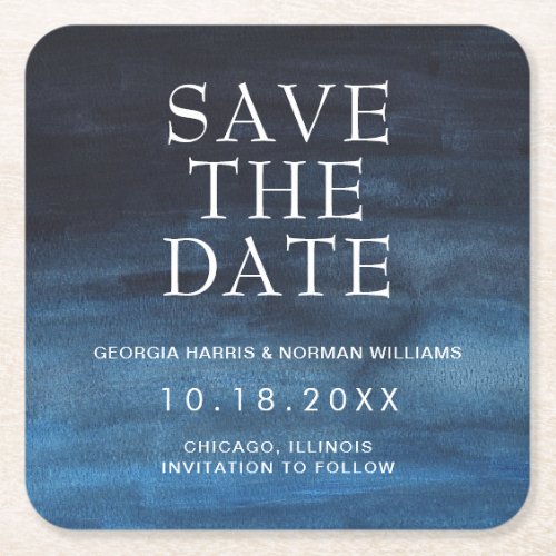 Moody Dark Navy Blue Watercolor Fall Save the Date Square Paper Coaster