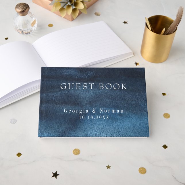 Moody Dark Navy Blue Watercolor Wash Wedding Guest Book (Front Open)