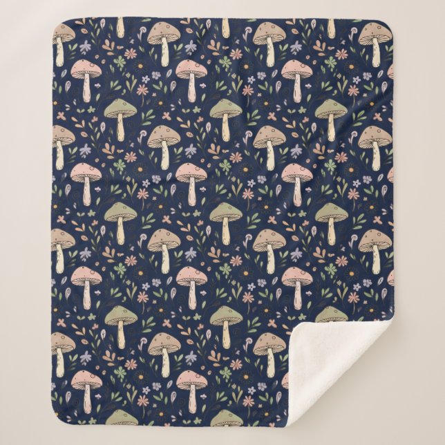 Moody Dark Navy Fungi | Dark Academia Luxury Gift Sherpa Blanket (Front)