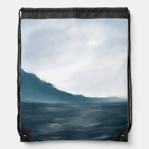 Moody Dark Ocean Waves Under Overcast Sky Painting Drawstring Bag