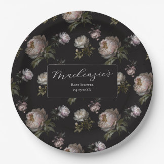 Moody Dark Peony Floral Baby Shower  Paper Plates